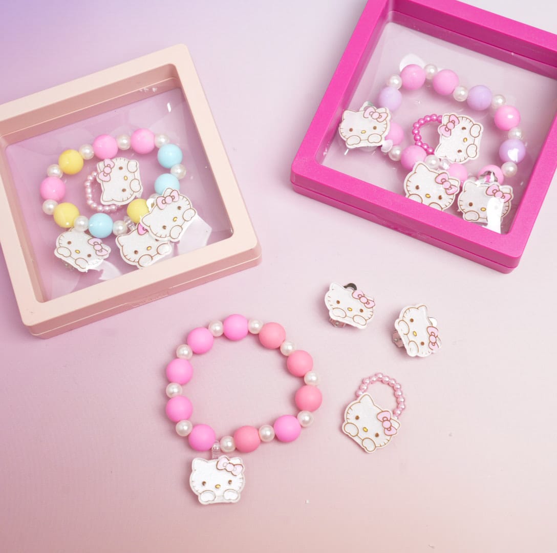 Bow Cat Face Beaded Pearls - Box Jewelry Set