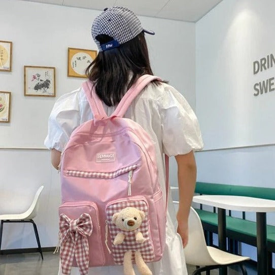 Cute Bear Bow & Grid Pink - Backpack