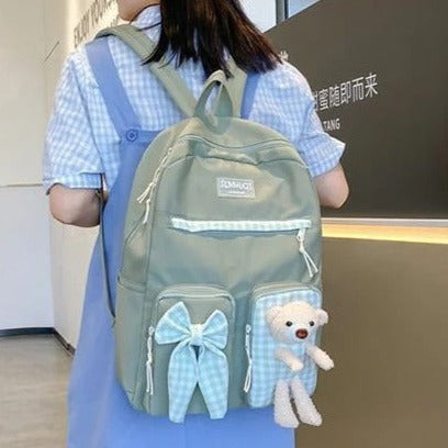 Cute Bear Bow & Grid Green - Backpack