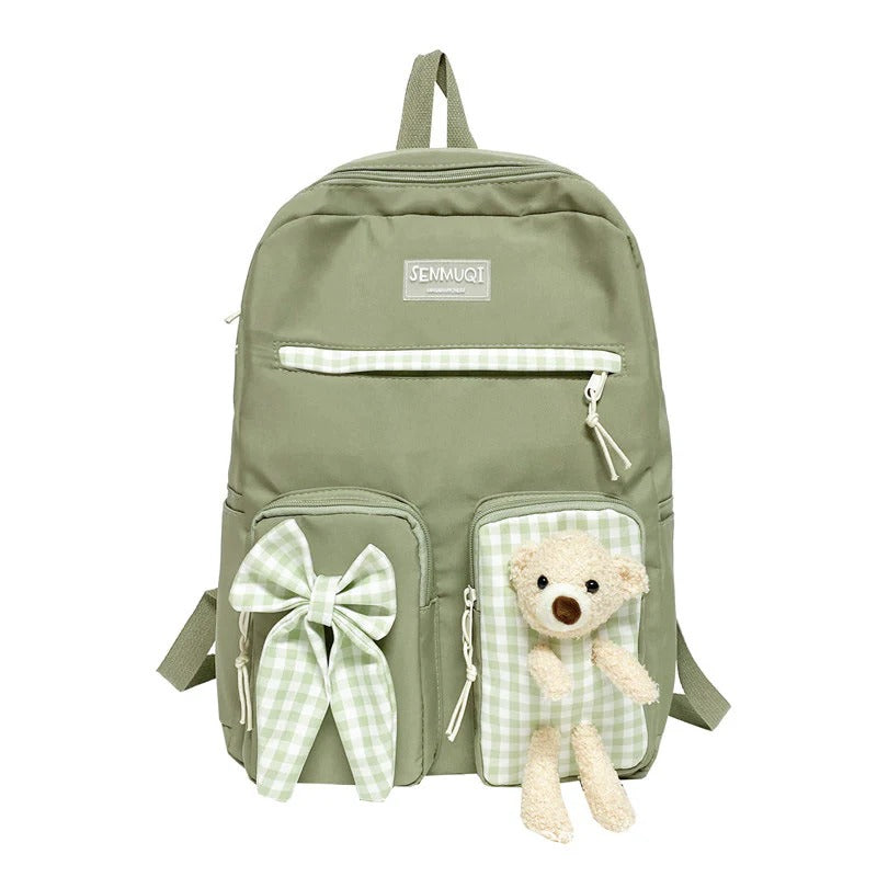 Cute Bear Bow & Grid Green - Backpack