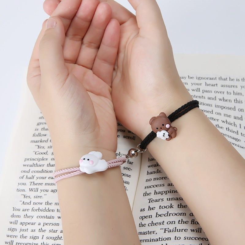 Cute Bear & Rabbit Magnetic - Bracelet Set Of 2  ( Black & Pink)