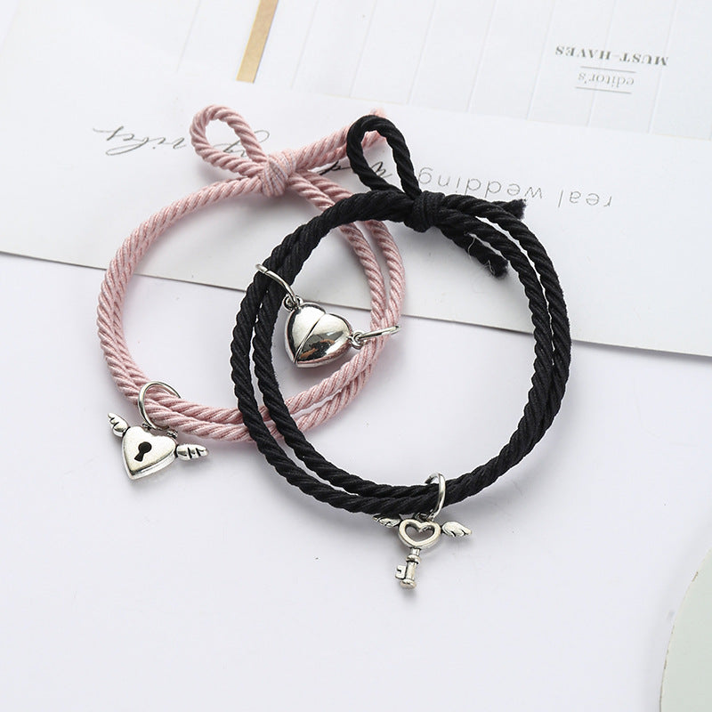 Vintage Lock & Key Magnetic - Bracelet Set Of 2 ( Pink  & Black )