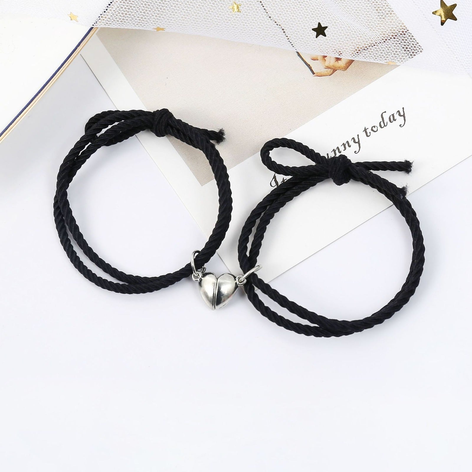 Silver Heart Black Magnetic - Bracelet Set Of 2