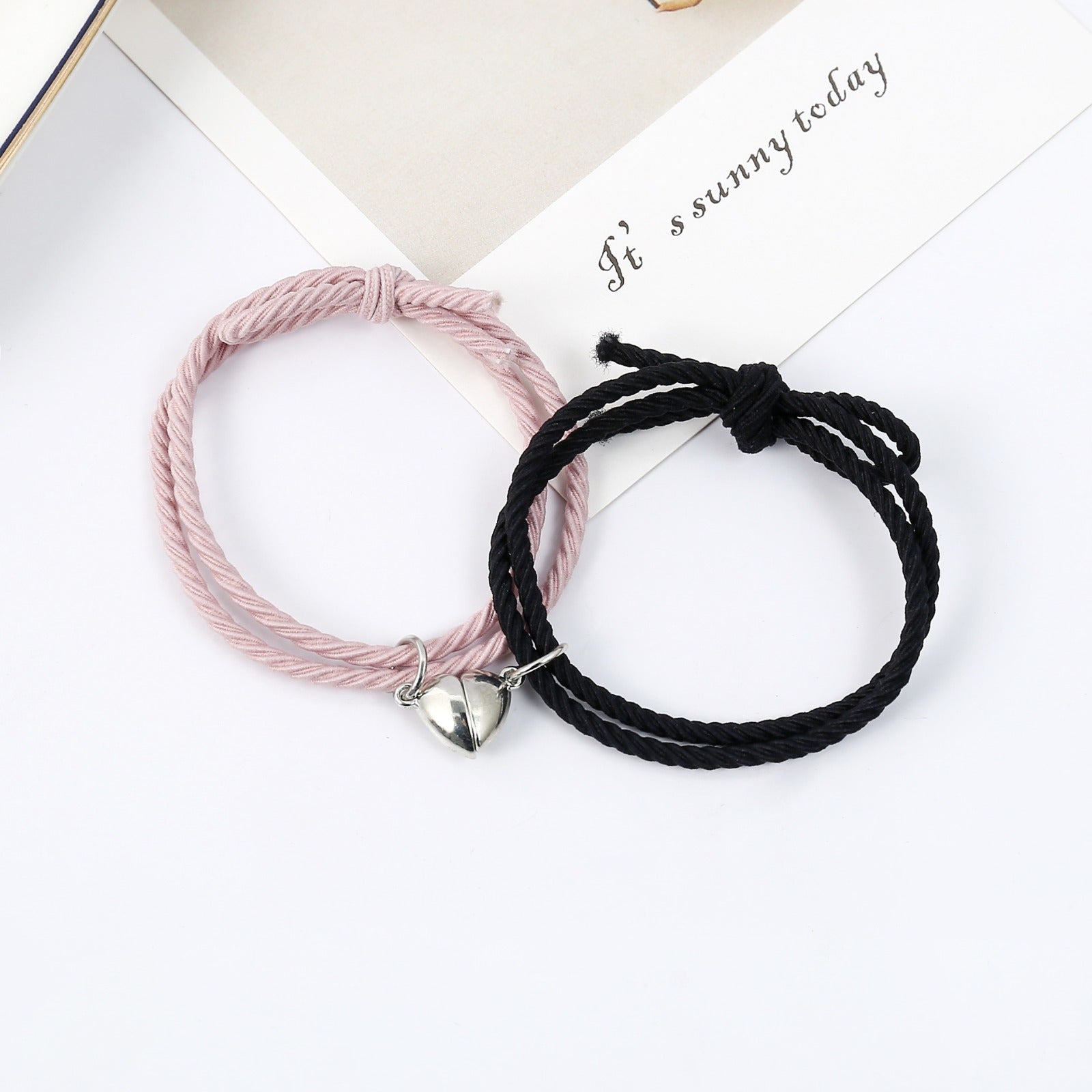 Silver Heart Black & Pink Magnetic -  Bracelet Set Of 2