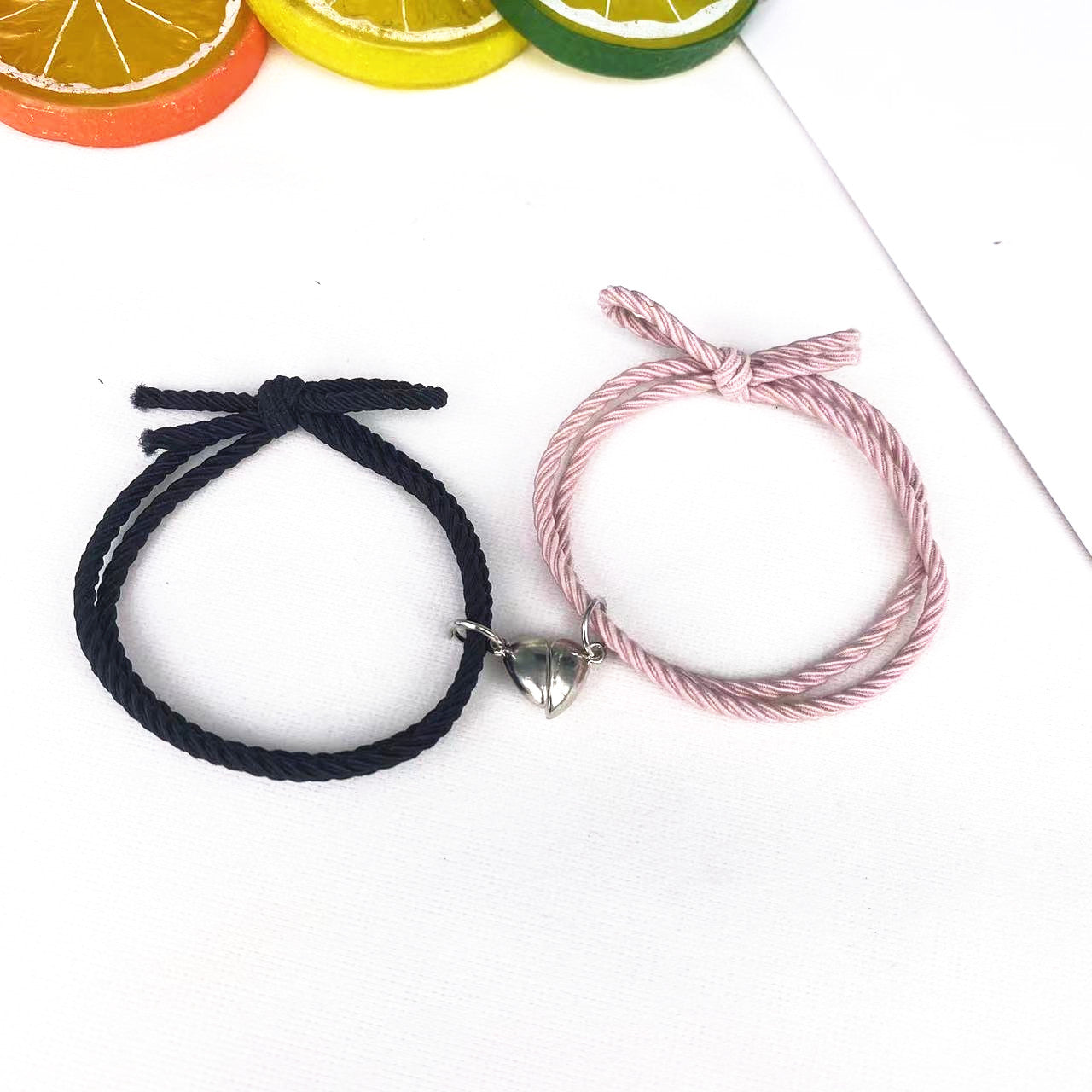 Silver Heart Black & Pink Magnetic -  Bracelet Set Of 2