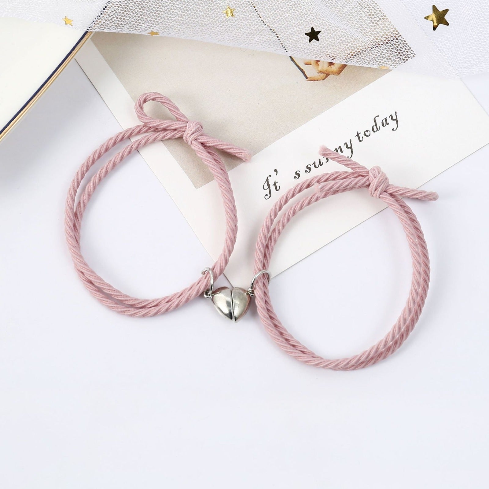 Silver Heart Pink Magnetic - Bracelet Set Of 2