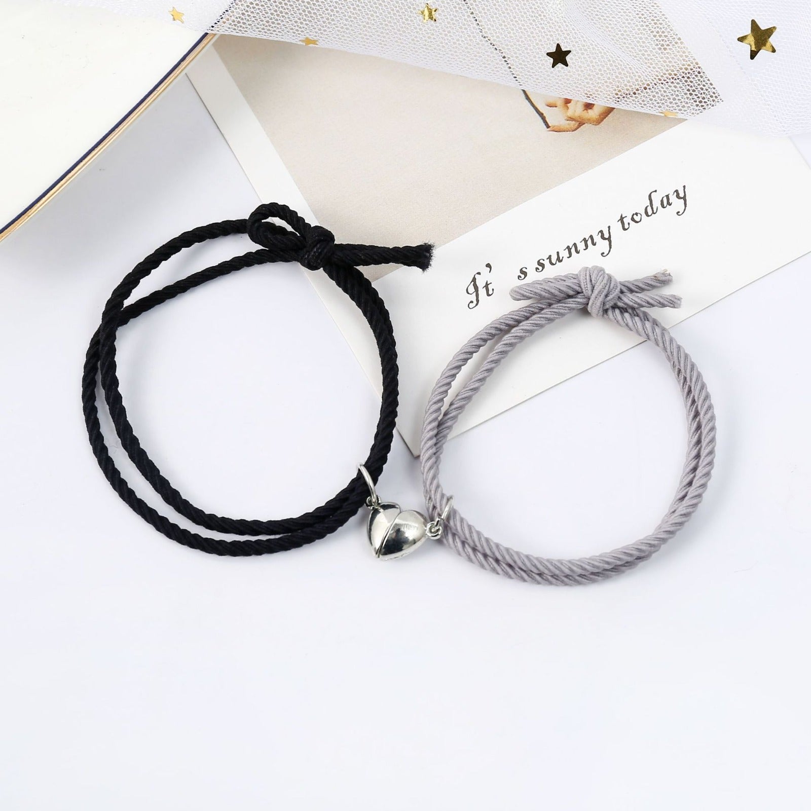 Silver Heart Black & Grey Magnetic -  Bracelet Set Of 2