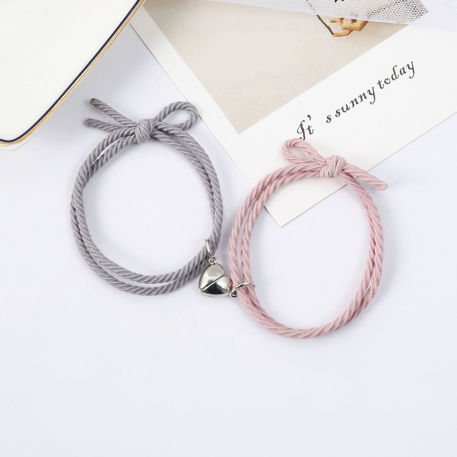 Silver Heart Grey & Pink Magnetic -  Bracelet Set Of 2