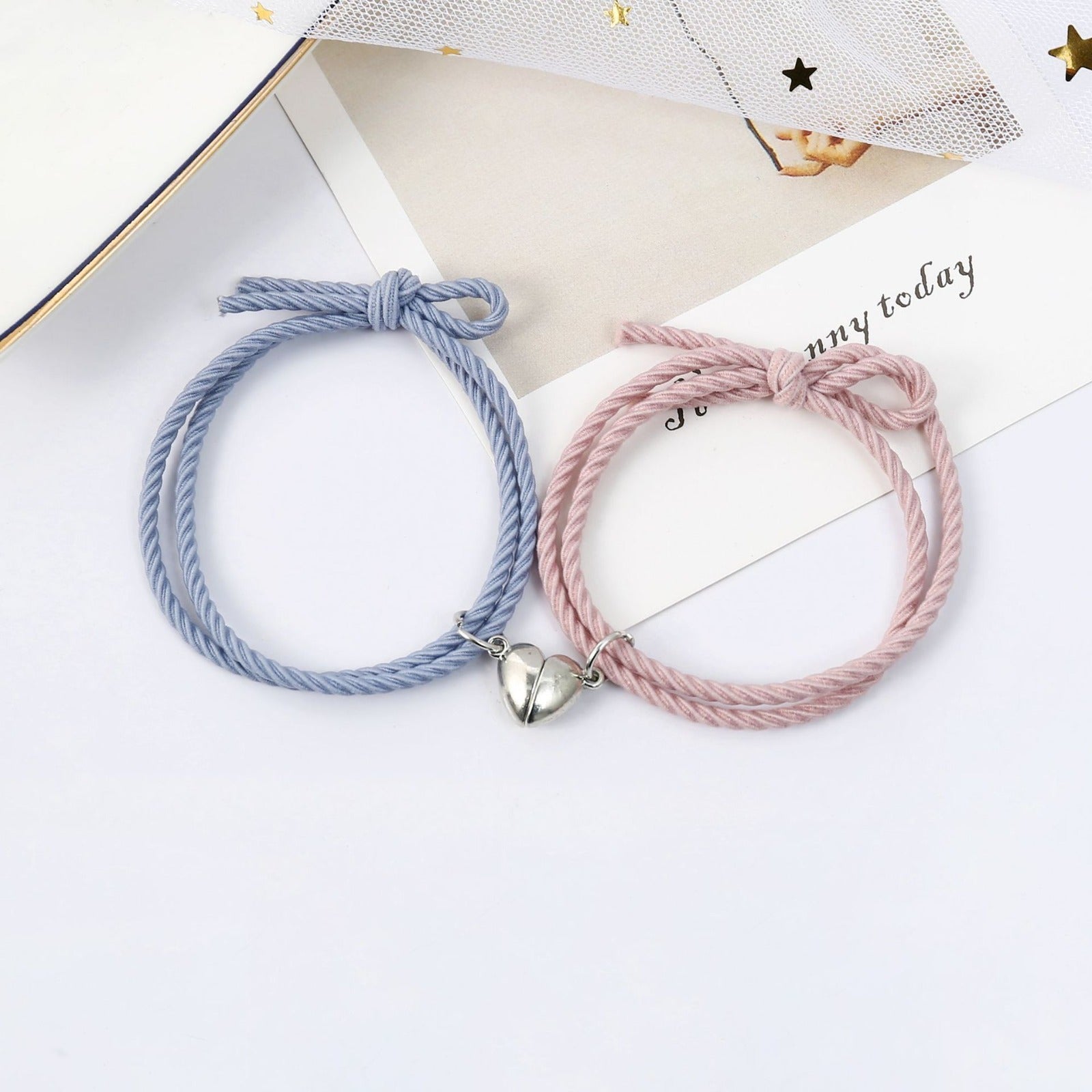 Silver Heart  Blue & Pink Magnetic -  Bracelet Set Of 2