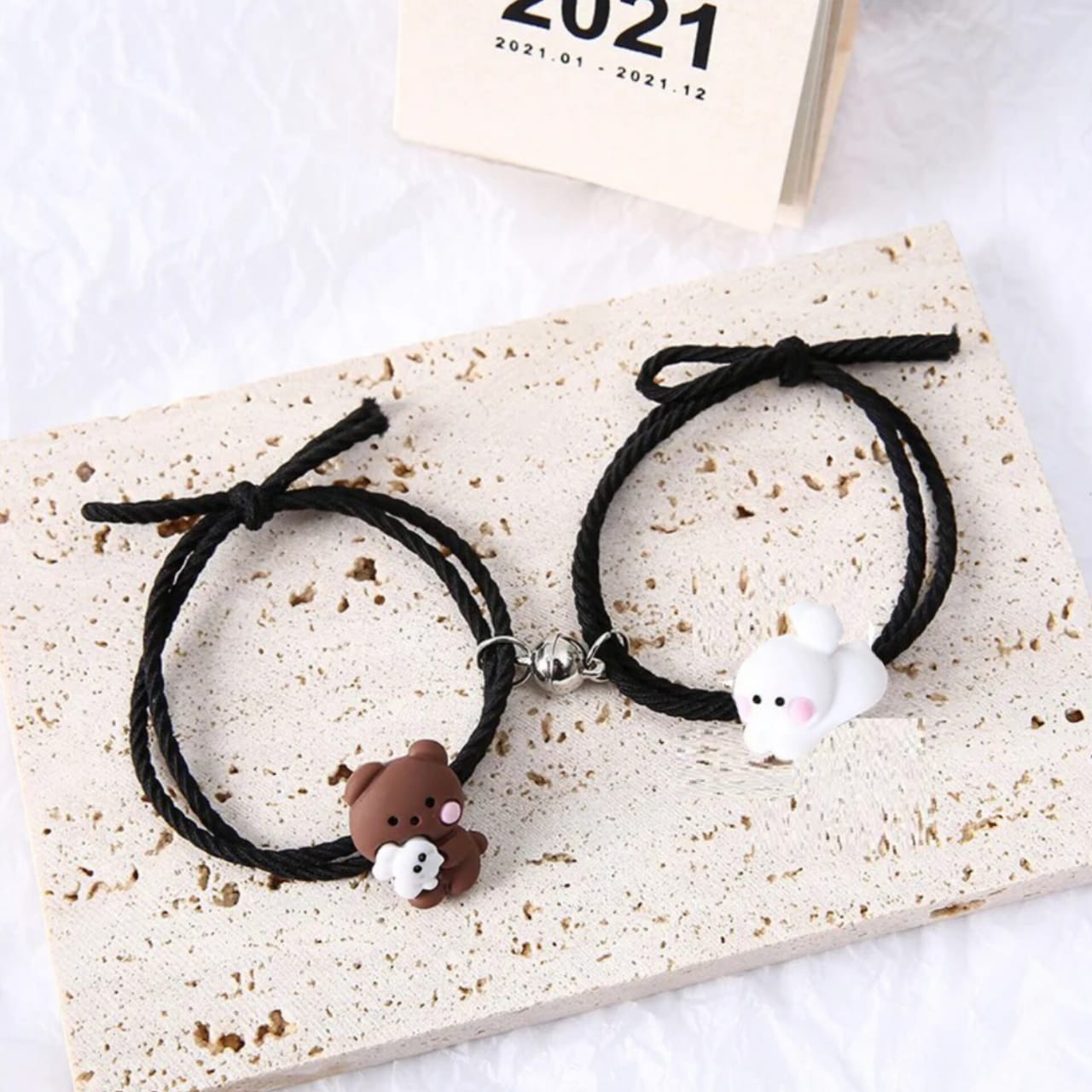 Cute Bear & Rabbit Black Magnetic - Bracelet Set Of 2