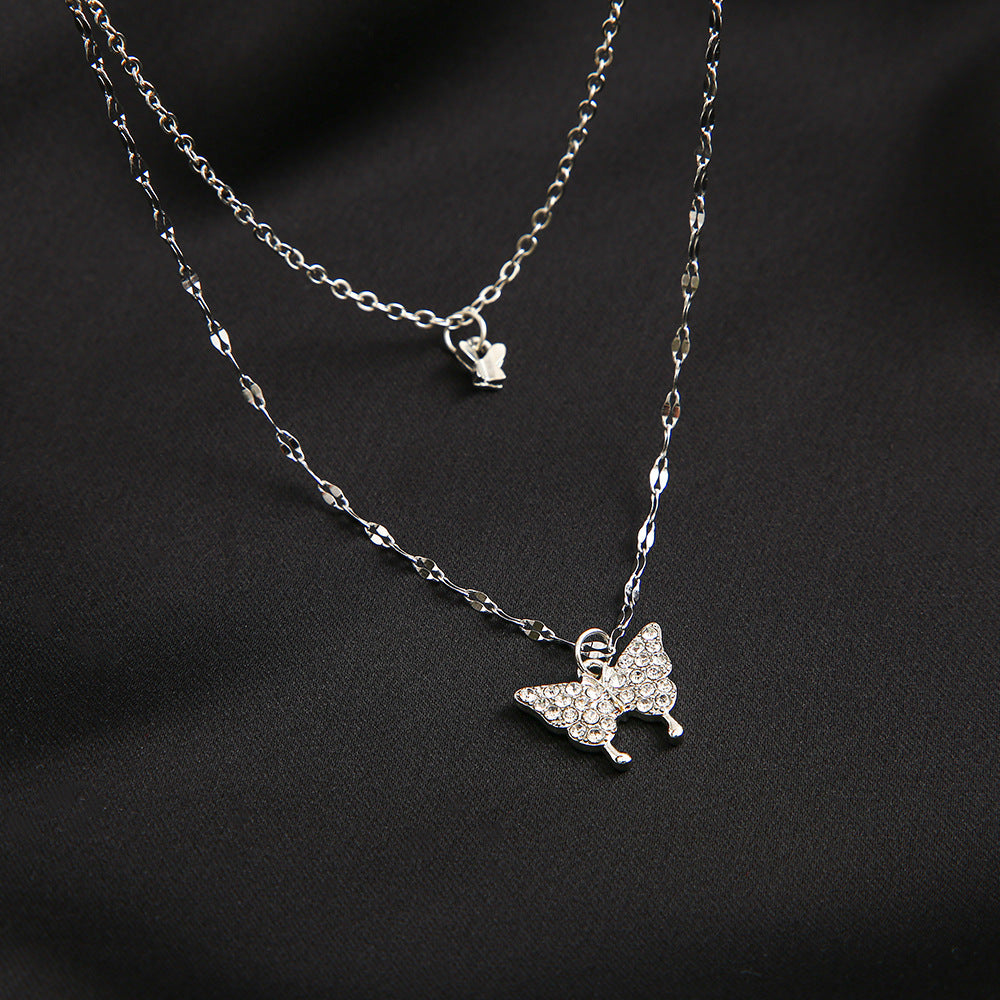 Double Layer Sparkle Butterfly Silver  - Necklace