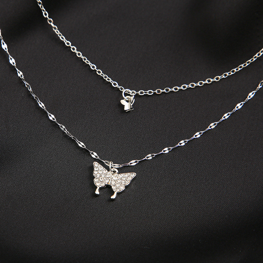 Double Layer Sparkle Butterfly Silver  - Necklace