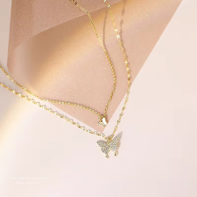 Double Layer Sparkle Butterfly Gold - Necklace