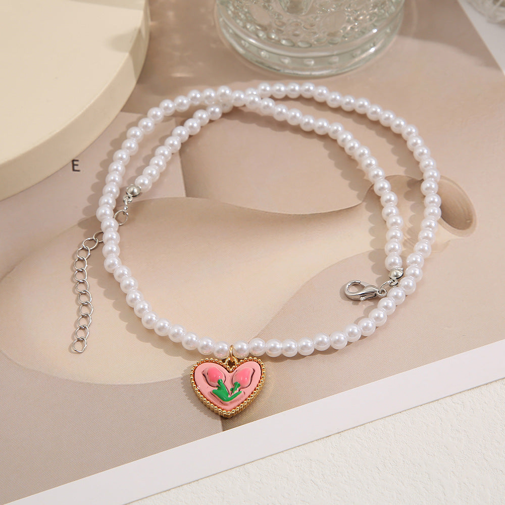 Pink Rose Heart Pearly Beads - Necklace