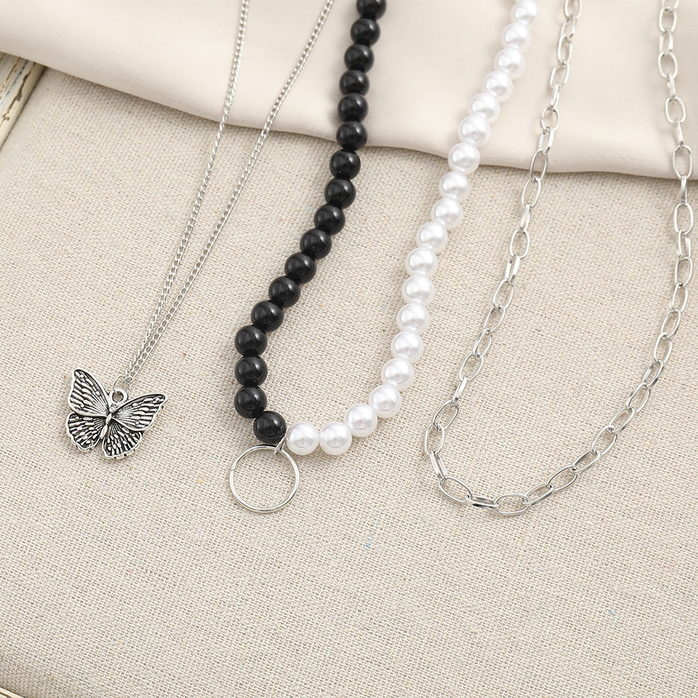 Black & White Beads & Retro Butterfly - Necklace