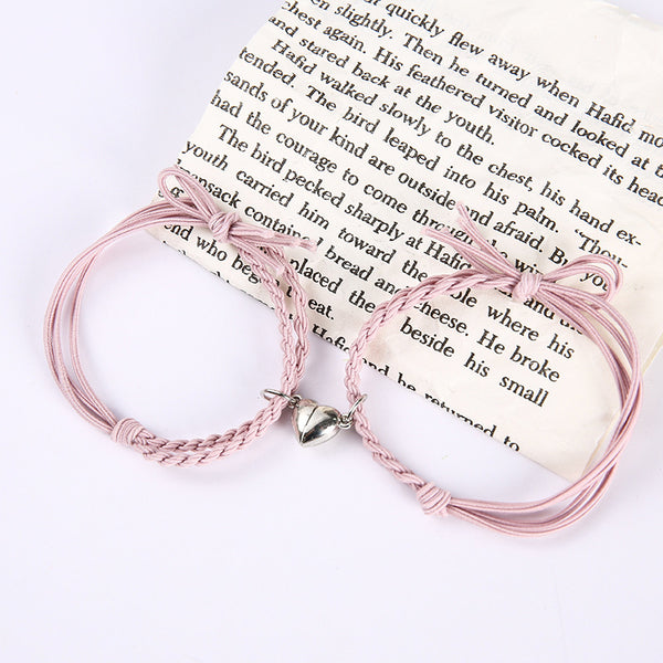 Pastel Pink Magnetic Silver Heart -  Bracelet Set Of 2