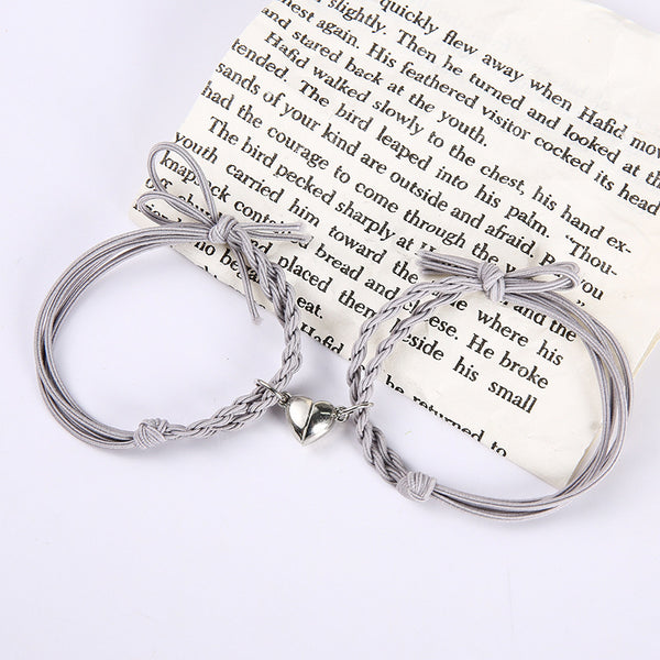 Pastel Grey Magnetic Silver Heart -  Bracelet Set Of 2