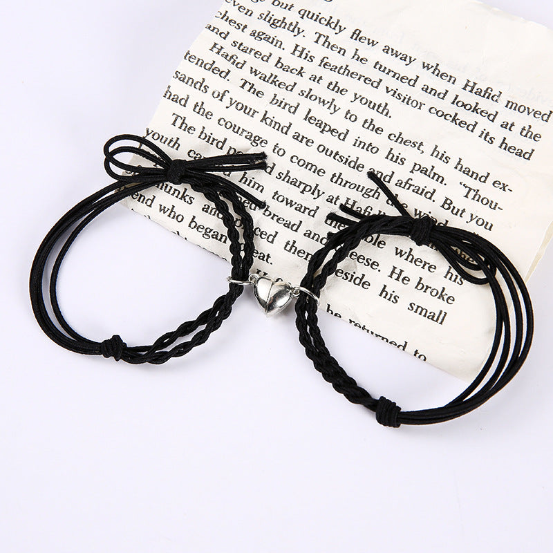 Pastel Black Magnetic Silver Heart -  Bracelet Set Of 2