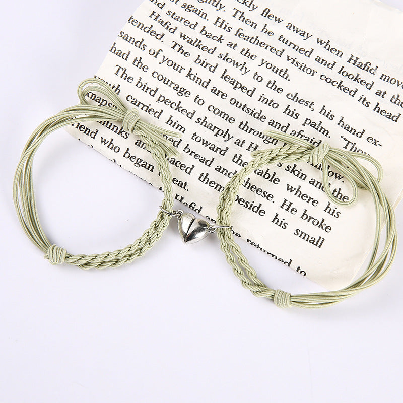 Pastel Green  Magnetic Silver Heart -  Bracelet Set Of 2