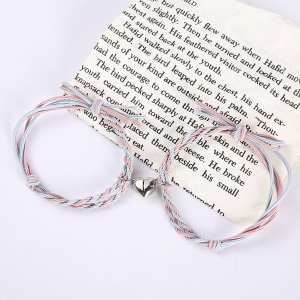 Pastel Mixed Blue Pink Magnetic Silver Heart -  Bracelet Set Of 2