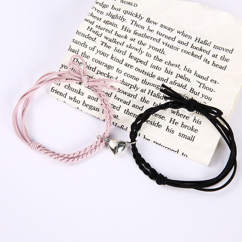 Pastel Pink & Black Magnetic Silver Heart -  Bracelet Set Of 2