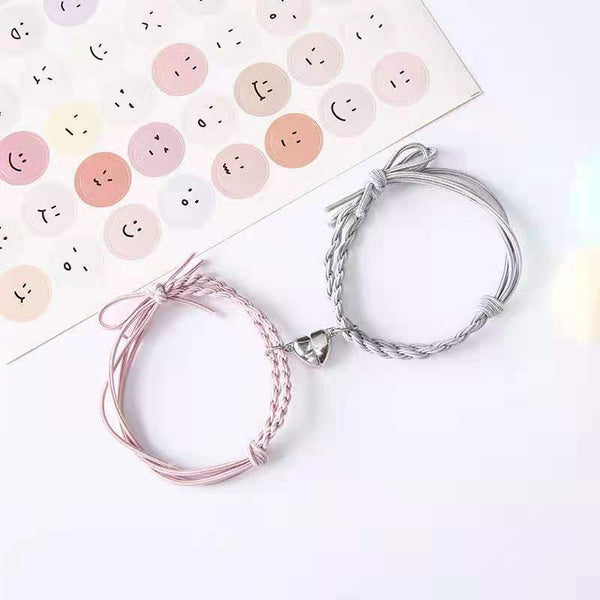 Pastel Grey & Pink Magnetic Silver Heart -  Bracelet Set Of 2