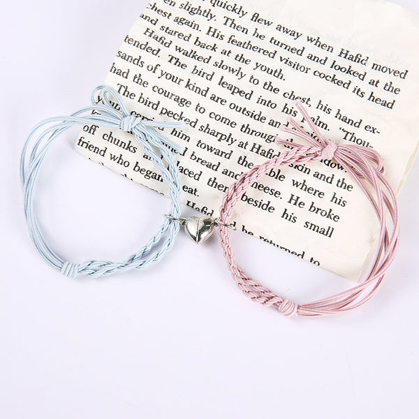 Pastel Blue & Pink Magnetic Silver Heart -  Bracelet Set Of 2