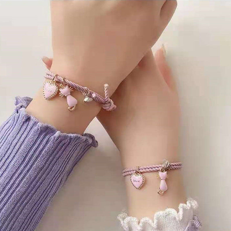 Love Cat Charms Pink Magnetic Bracelet Set Of 2