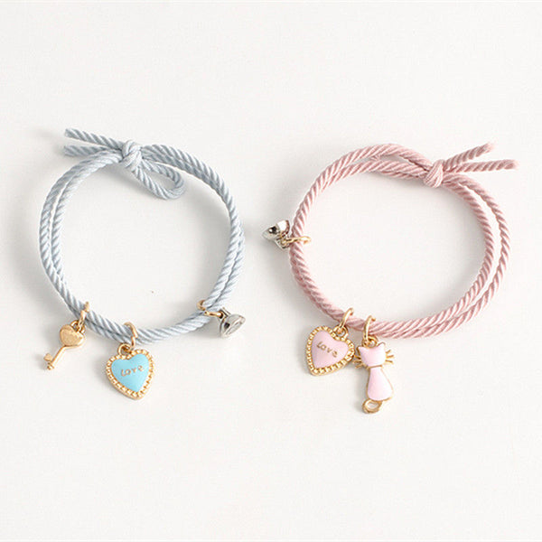 Love Cat Charms Blue & Pink Magnetic Bracelet Set Of 2