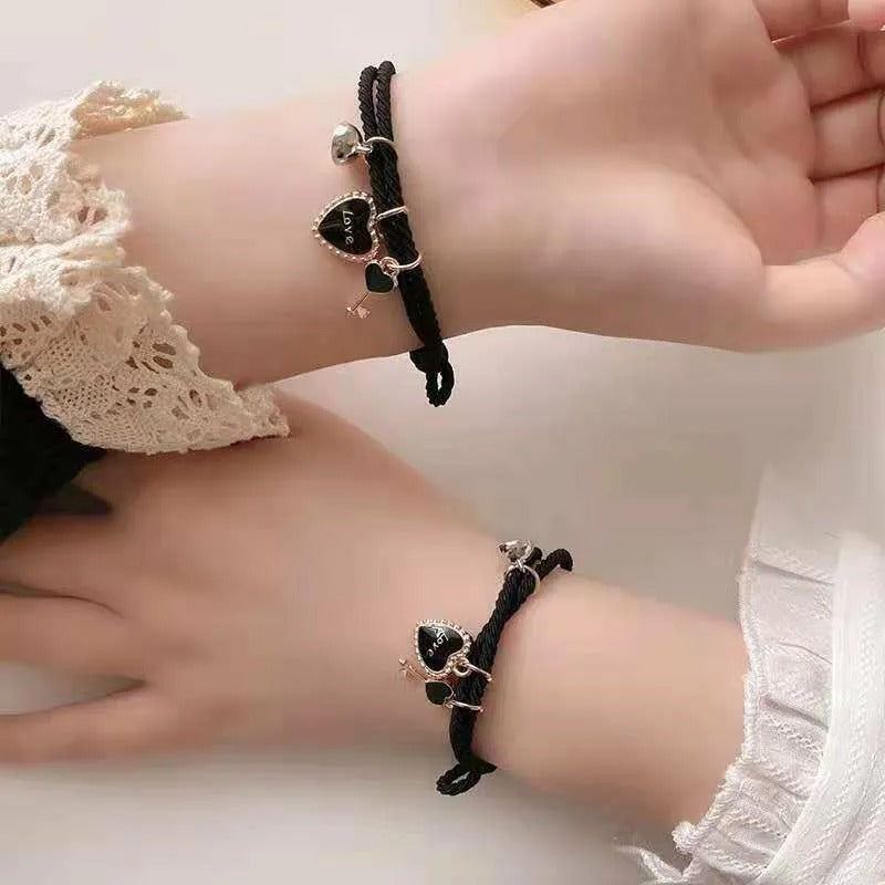 Love Cat Charms Black Magnetic Bracelet Set Of 2