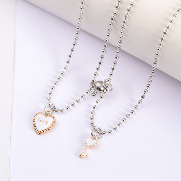 Love Lock & Key White Magnetic  - Necklace Set Of 2