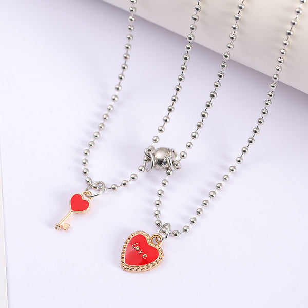 Love Lock & Key Red Magnetic  - Necklace Set Of 2