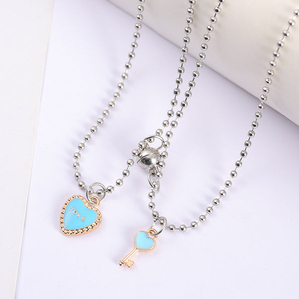 Love Lock & Key Blue Magnetic  - Necklace Set Of 2