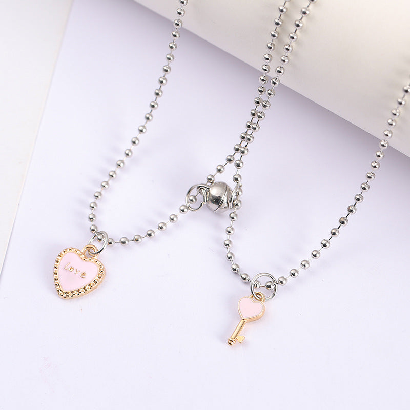 Love Lock & Key Pink Magnetic  - Necklace Set Of 2