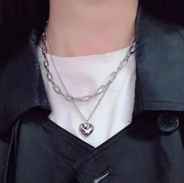 Double Layer Heart Silver - Necklace