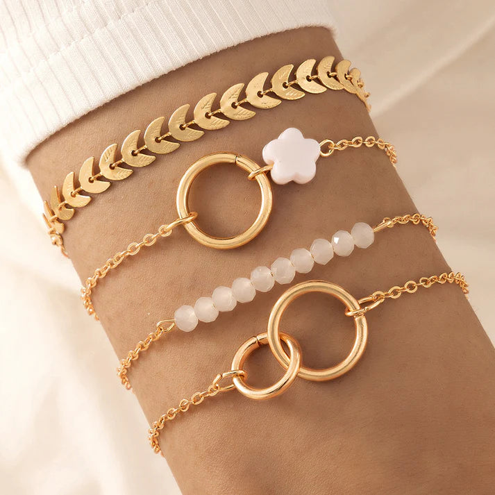 Flower Stone Gold Leave Chain- Bracelet Set Of 4