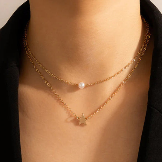 Pearl & Star Gold 2 Layered - Necklace