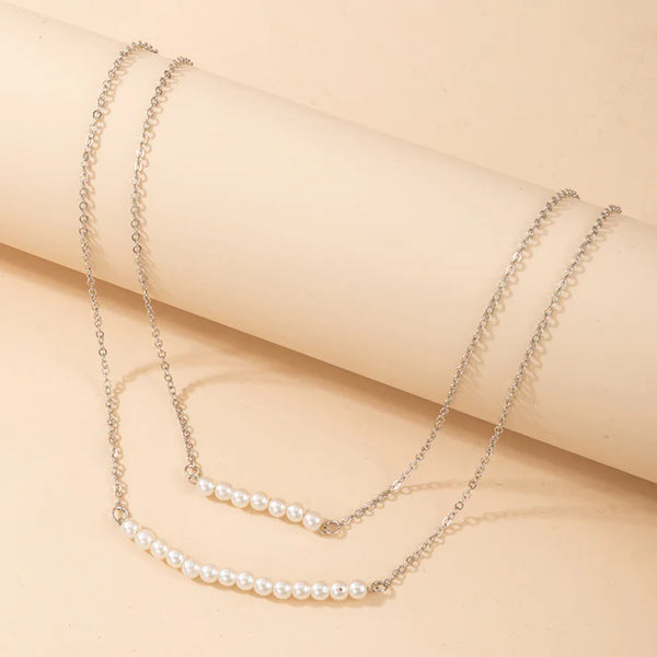 2 Layered Pearls Silver - Necklace