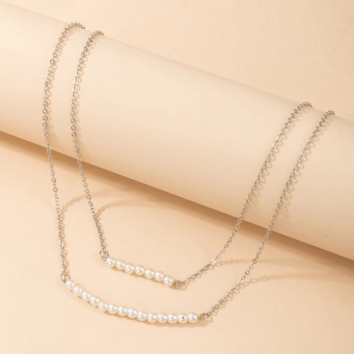 2 Layered Pearls Silver - Necklace