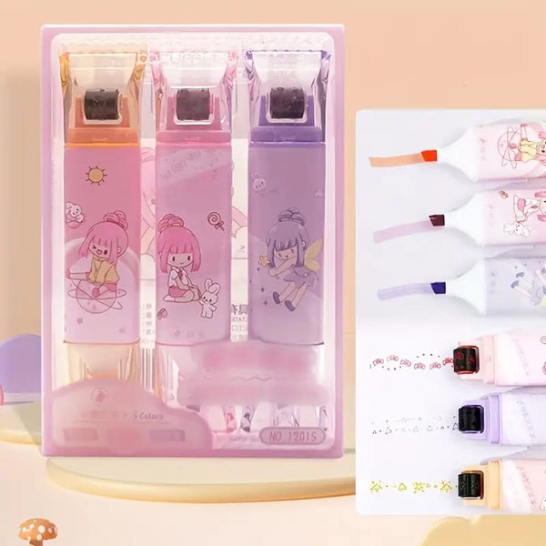 Cute Girl Roller Lace Stamp & Highlighter Set Of 3 - Style 1