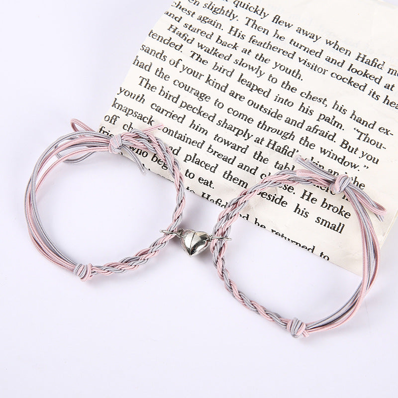 Pastel Mixed Grey Pink Magnetic Silver Heart -  Bracelet Set Of 2