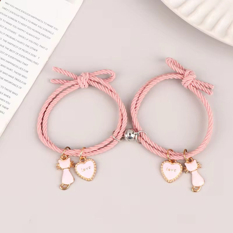 Love Cat Charms Pink Magnetic Bracelet Set Of 2