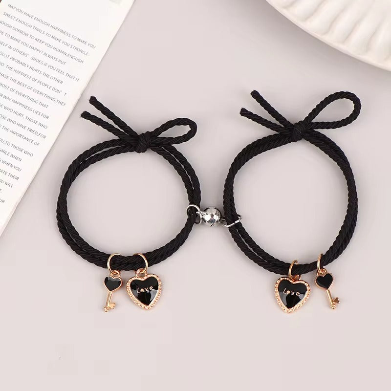 Love Cat Charms Black Magnetic Bracelet Set Of 2