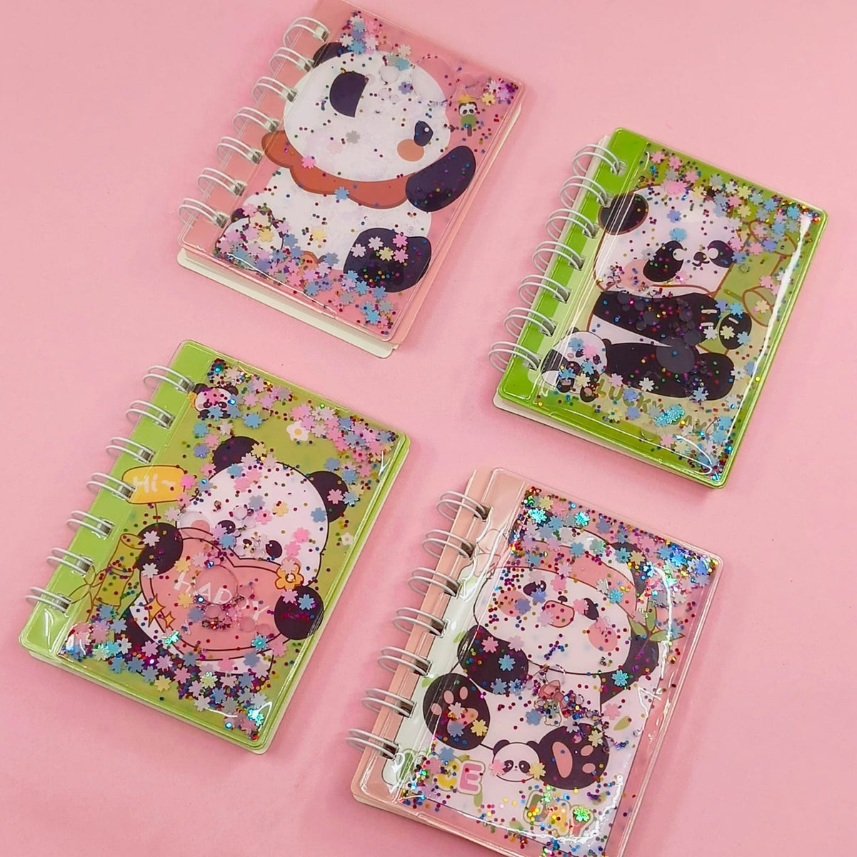 Cute Panda Glitter Water Mini Spiral Notebook - Journal