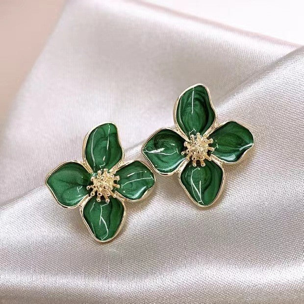 Enameled Green Flower Gold - Earrings