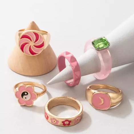 Pink Enameled Gold - Rings Set