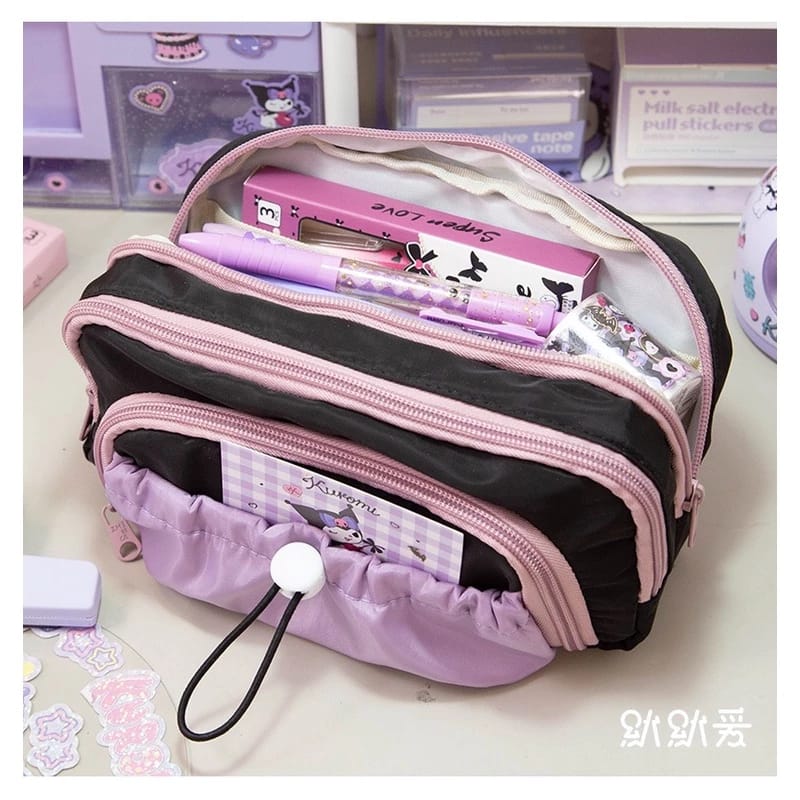 Purple &amp; Black  Large Capacity - 3 Zip Pouch