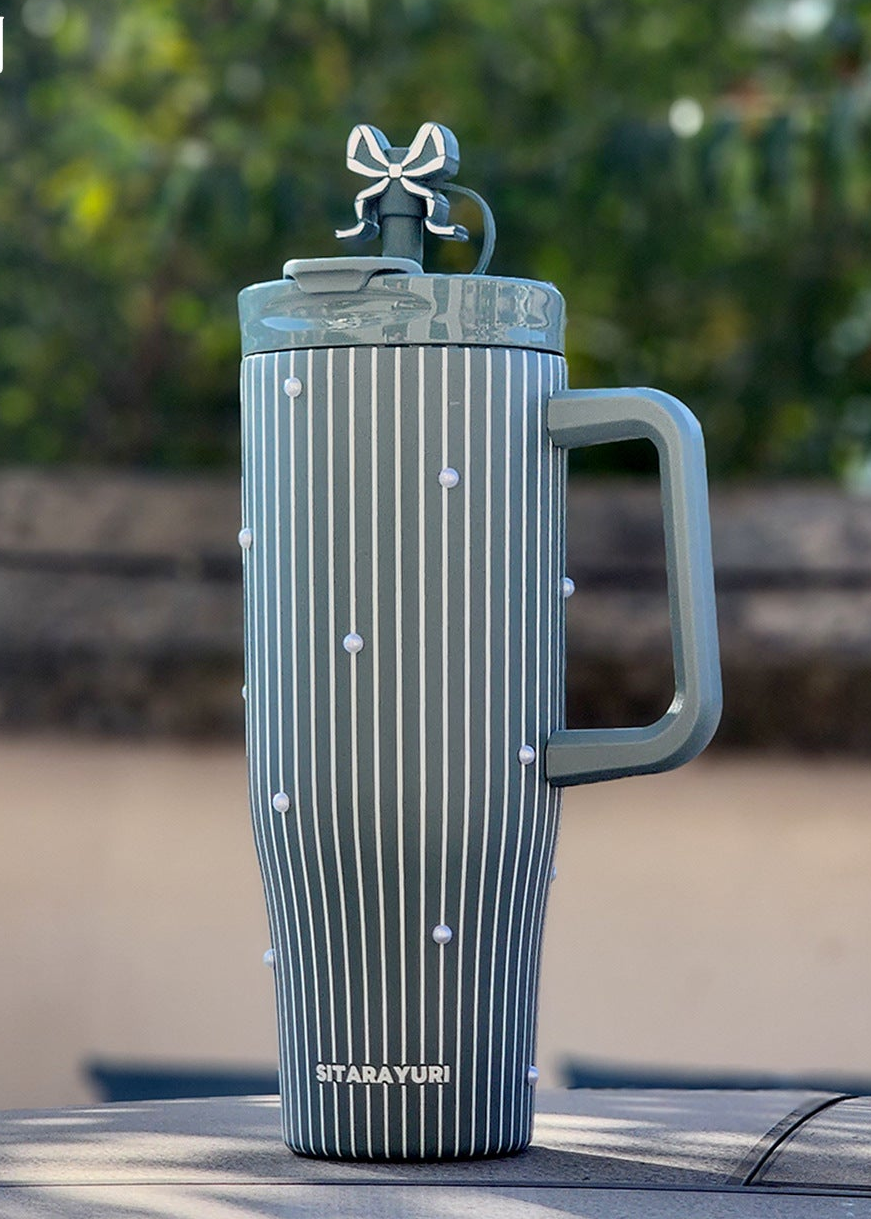 Fancy Bow Grey Lined Tumbler Cup - Water Bottle / Sipper Cup – BLINGSPOT