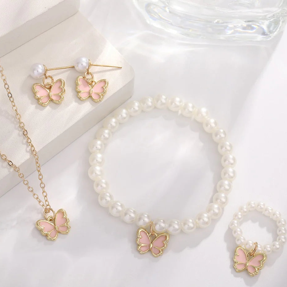 Pink Butterfly & Pearl Beads - Jewelry Set