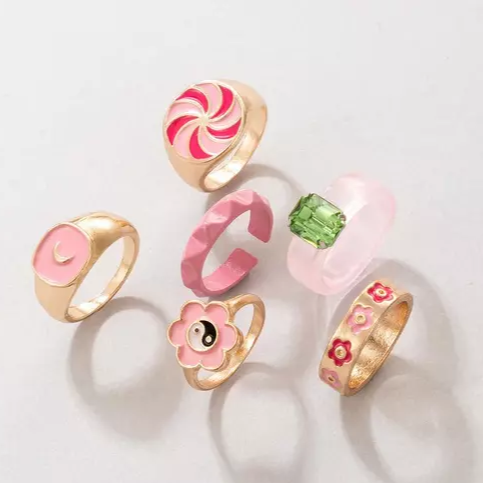 Pink Enameled Gold - Rings Set